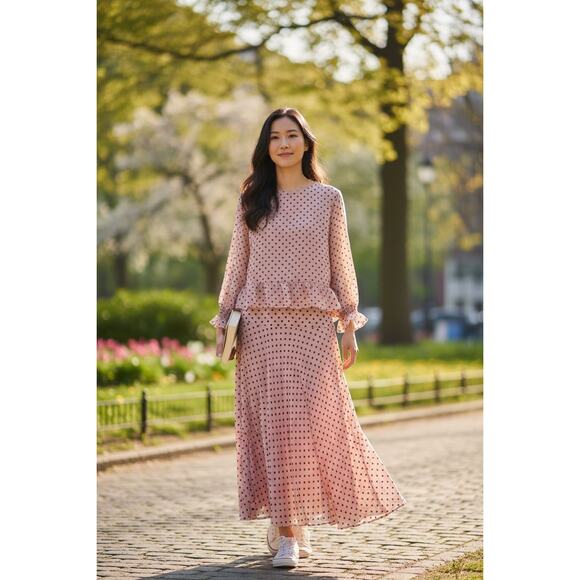 Vintage 1980s Guy Laroche Silk Polka Dot Set Blouse & Midi Skirt Co-Ord Ensemble - Picture 1 of 12